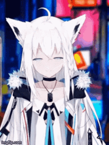 a girl with white hair and black ears is wearing a choker and a white coat .