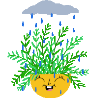 a cartoon drawing of a potted plant with a face and rain drops falling on it