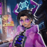 a video game character with a purple jacket and glasses