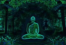 a neon painting of a buddha sitting in a lotus position .