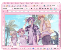 a computer screen shows a picture of a group of anime characters standing on a beach