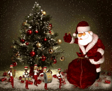 a christmas tree is decorated with red and gold ornaments and santa claus is standing in front of it