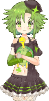 a girl with green hair is holding a stuffed turtle with a smiley face on it