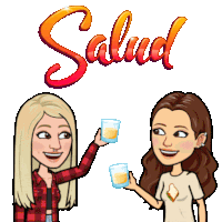 a cartoon of two women toasting with glasses under a sign that says salud