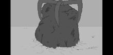 a black and white drawing of a bucket holding a large rock .