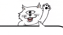 a cartoon cat with three eyes and a paw is waving its paw .