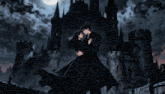 a man and woman standing in front of a castle at night