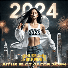 a woman in a white tank top that says welcome 2024 on it