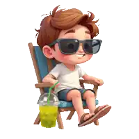 a cartoon boy wearing sunglasses is sitting in a chair with a drink