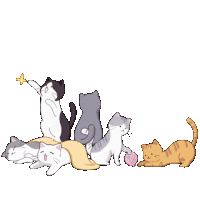 a group of cats are playing with yarn and one of them is holding a butterfly