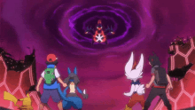 a group of pokemon standing in front of a large purple monster