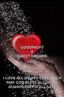 a goodnight and sweet dreams greeting with a hand holding a heart