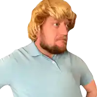 a man with a beard wearing a blonde wig and a light blue shirt