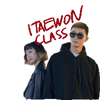 a man and a woman are standing next to each other and the words itaewon class are written above them