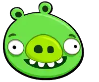 a green pig with big teeth is smiling and looking at something