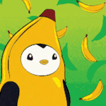 a penguin dressed in a banana costume surrounded by bananas on a green background