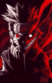 a black and white painting of a naruto character with a red tail