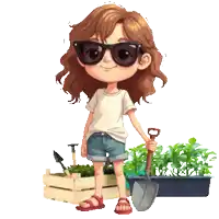 a girl wearing sunglasses and shorts is holding a shovel in her hand