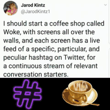 a coffee shop called woke with screens all over the walls and each screen has a live feed of a specific hashtag