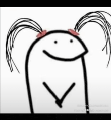 a drawing of a stick figure with two pigtails and a smiley face .