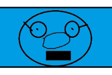 a blue cartoon face with glasses and a black square in the middle of it