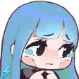 a cartoon girl with blue hair is crying with tears coming out of her eyes .