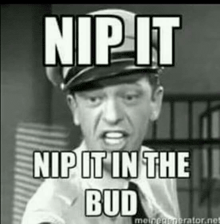 a black and white photo of a police officer with a caption that reads nip it nip it in the bud .
