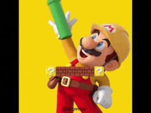 mario is holding a green pipe and bricks in his hands .