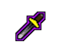 a pixel art drawing of a sword with a purple border and a yellow handle .