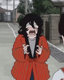 a cartoon character with black hair and a red jacket