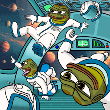 a cartoon drawing of frogs in space with one pointing at something