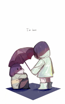 a drawing of a girl holding an umbrella with the words " i 'm here " on the bottom