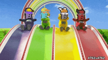 four cartoon characters are going down a slide with a rainbow in the background .