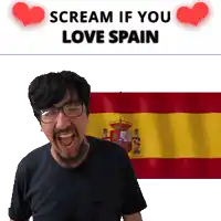 a man with glasses is screaming in front of a spanish flag with the words " scream if you love spain "