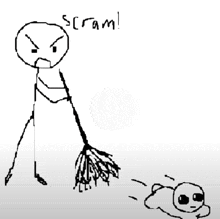 a stick figure with a broom and the words scram written on it