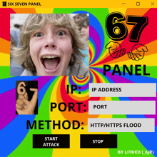 a rainbow colored screen with a boy and the number 67 on it