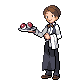 a pixel art illustration of a waiter holding a tray of apples .