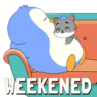 a penguin and a cat are sitting on a couch with the words weekend written below them