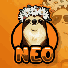 an illustration of a sloth wearing a flower crown and the word neo below it