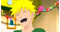 a cartoon character with yellow hair is laughing with his mouth open in front of a wall decorated with flowers .