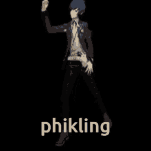 a man in a suit is dancing in front of a black background and the word phikling is on the bottom .