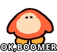 a pixel art of a mushroom with the words ok boomer above it