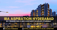 an advertisement for ira aspiration hyderabad shows a building