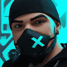 a man wearing a black mask with a blue cross on it