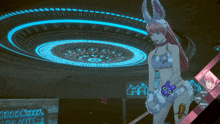 a girl in a bunny costume is standing in front of a ceiling with a blue light behind her