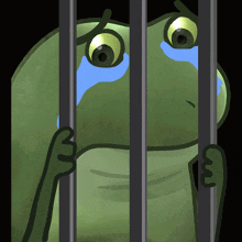 a frog is crying behind bars with tears coming out of its eyes