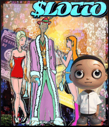 a cartoon of a man in a fur coat standing next to two women with the word lotto on the bottom