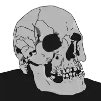 a black and white drawing of a skull with a black eye