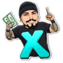 a cartoon of a man holding a dollar bill with the letter x in front of him