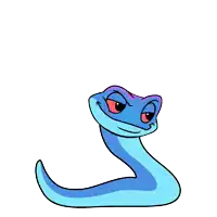 a cartoon drawing of a blue snake with red eyes and a smiling face